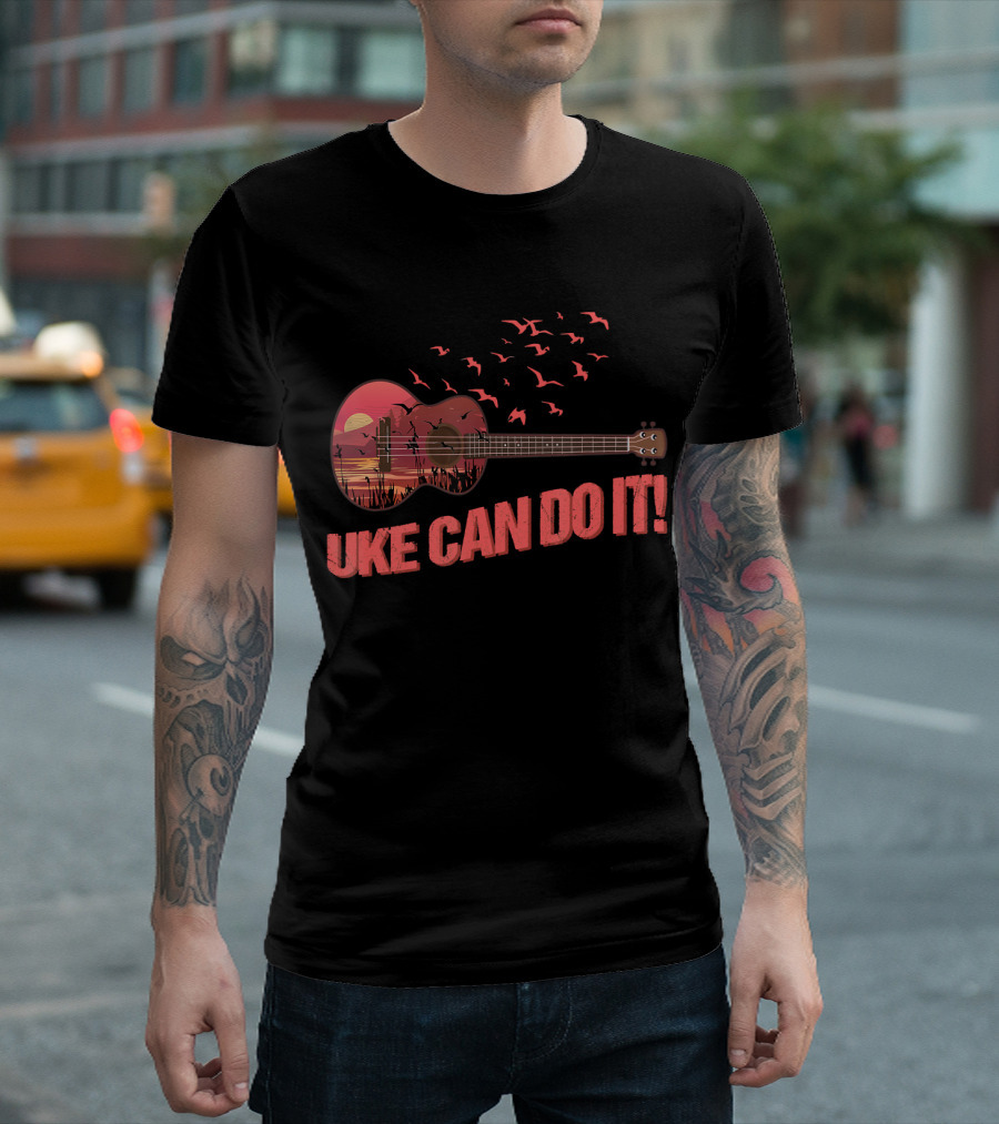 Uke Can Do It Sunset Birds and Lake Scene T-Shirt