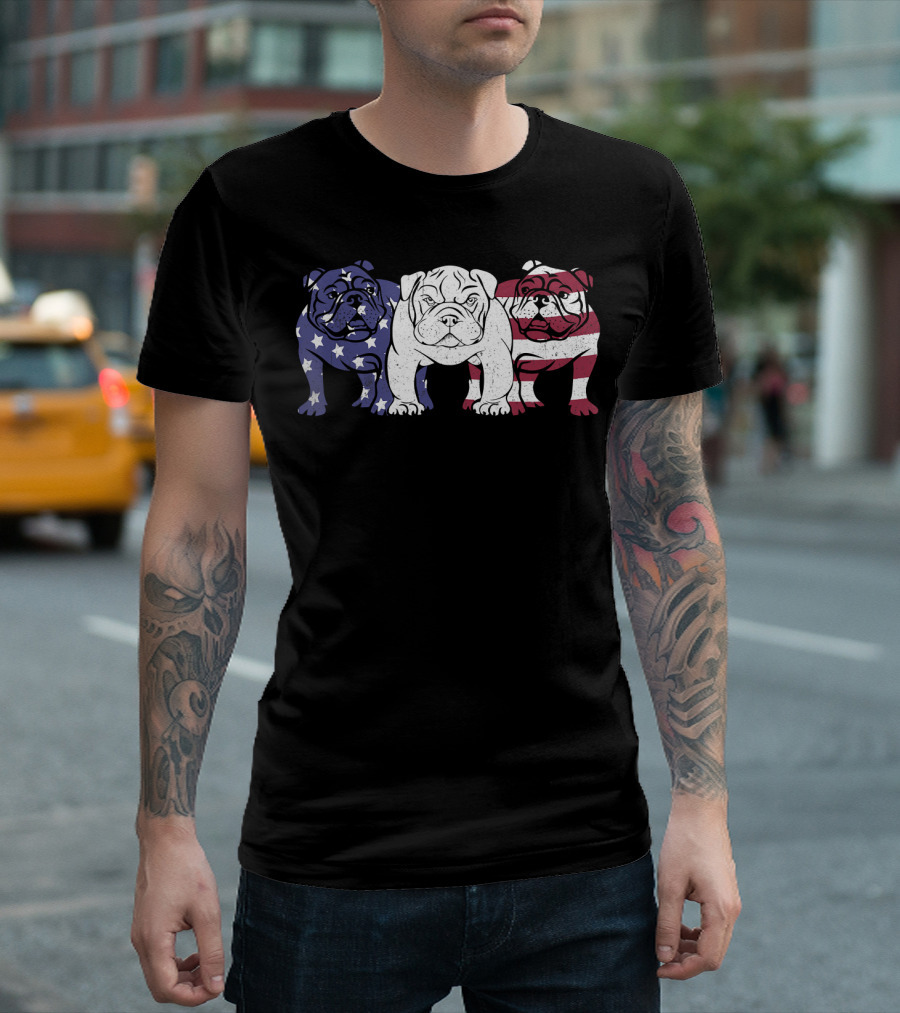 Unique Bulldog Trio American Flag T-Shirt
