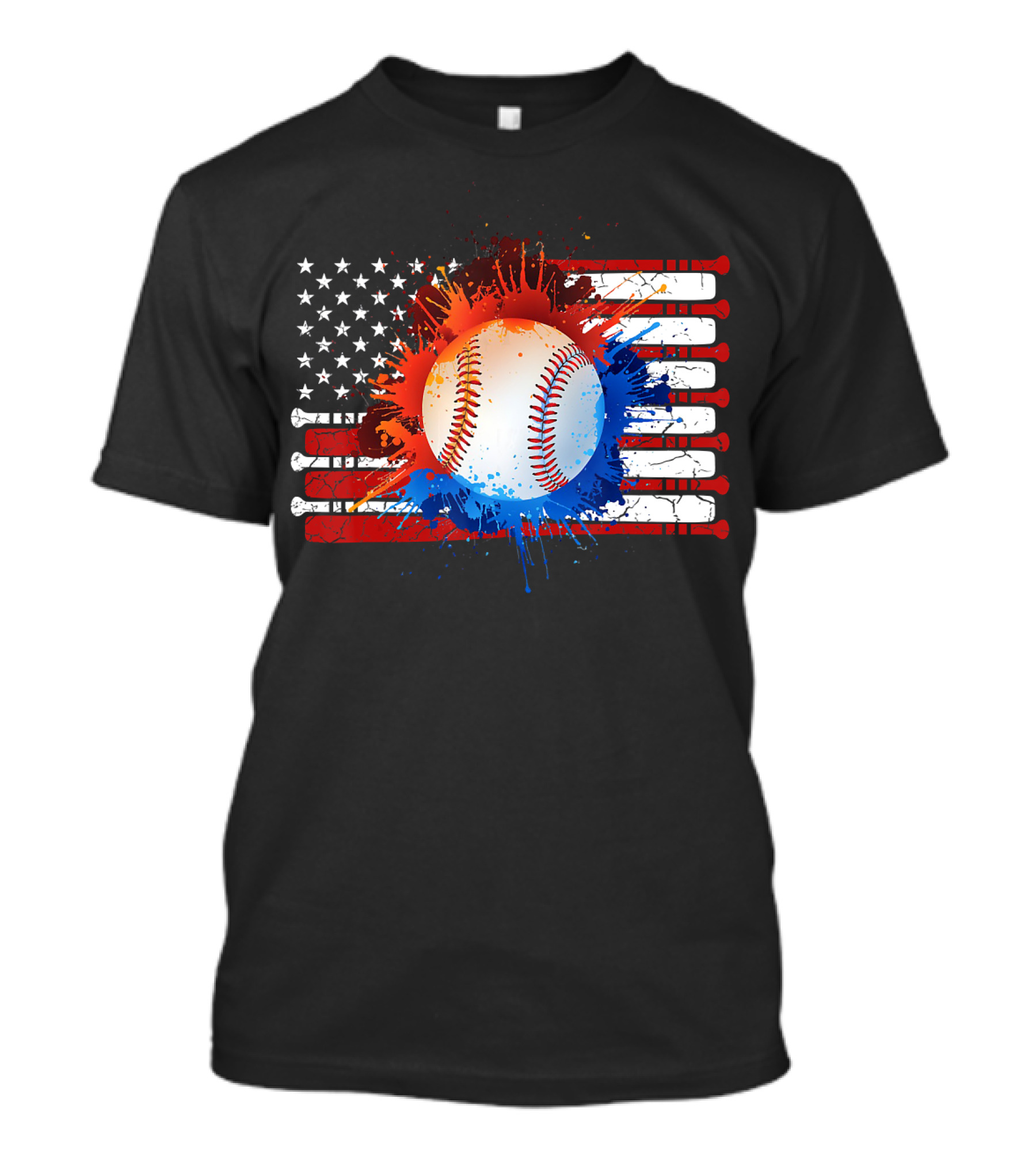 Vintage American Flag Baseball Softball With Paint Splatter And Bat Stripes T-Shirt