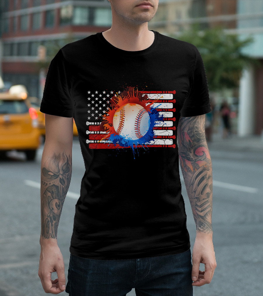 Vintage American Flag Baseball Softball with Paint Splatter and Bat Stripes T-Shirt
