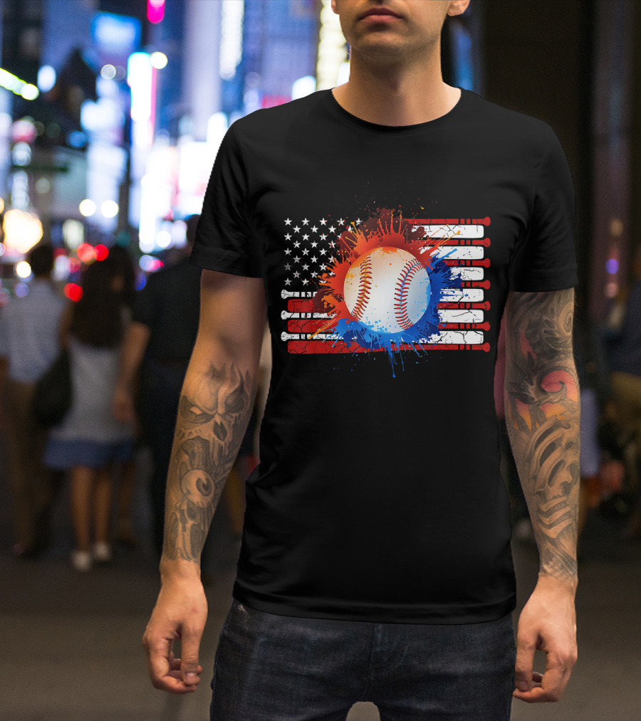 Vintage American Flag Baseball Softball With Paint Splatter And Bat Stripes T-Shirt