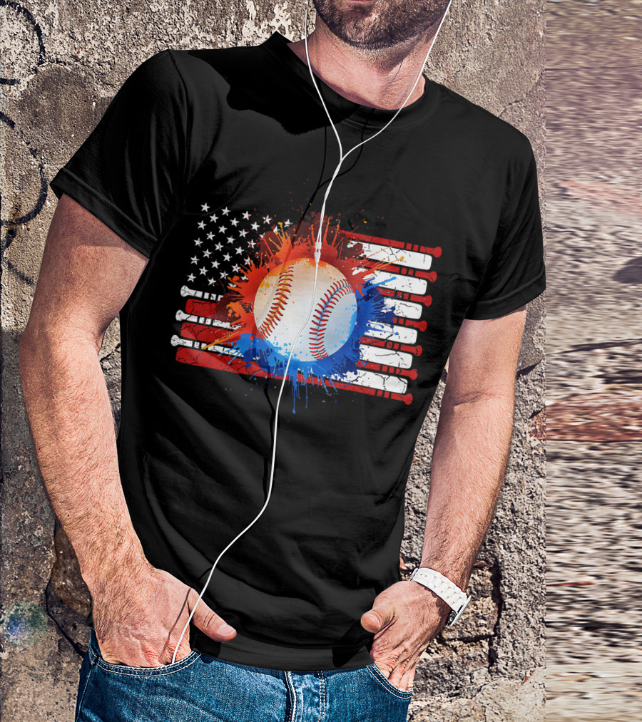 Vintage American Flag Baseball Softball With Paint Splatter And Bat Stripes T-Shirt