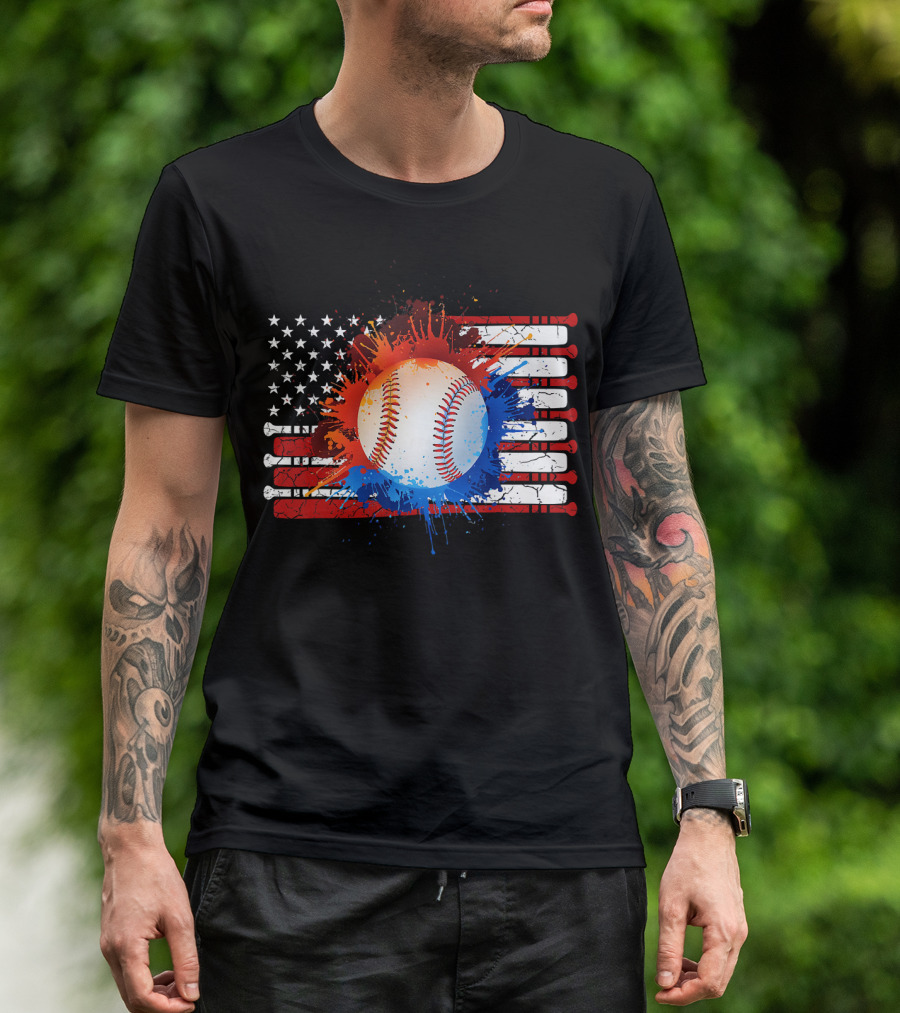 Vintage American Flag Baseball Softball With Paint Splatter And Bat Stripes T-Shirt