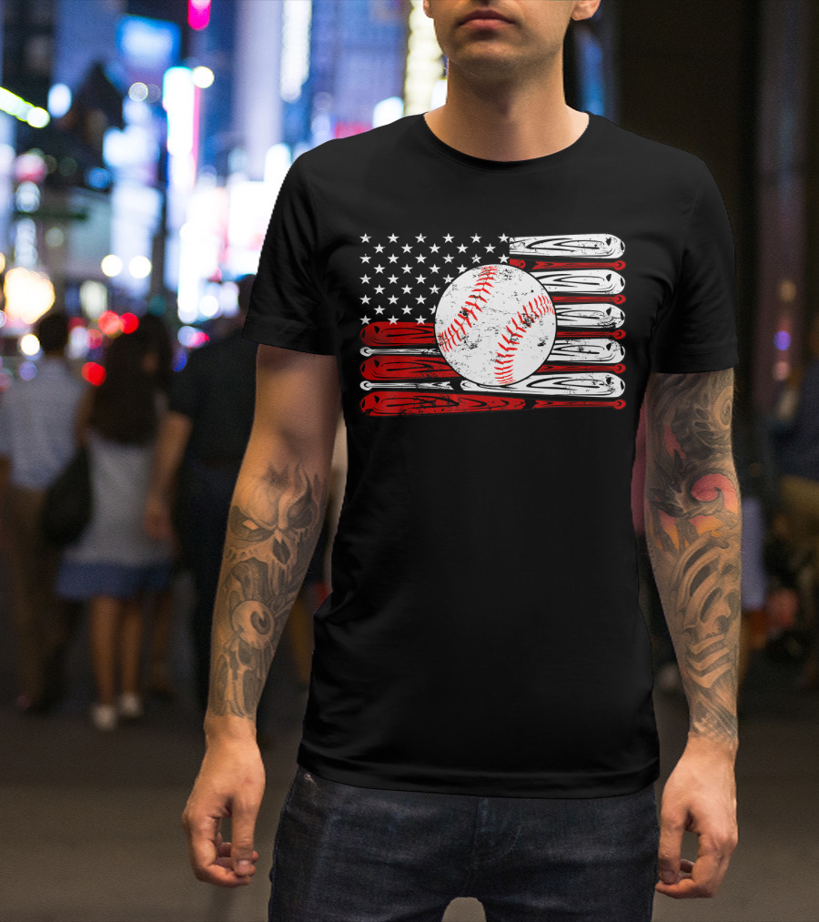 American Flag Vintage Baseball Bat Sports T-Shirt
