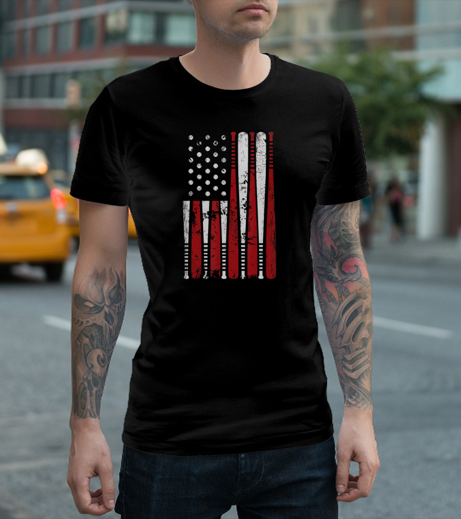 Vintage Baseball Bat Stars and Stripes USA Flag T-Shirt