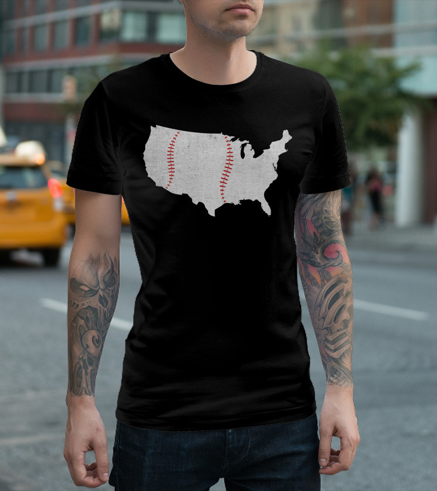 Vintage Baseball Stitching on USA Map America's Pastime T-Shirt