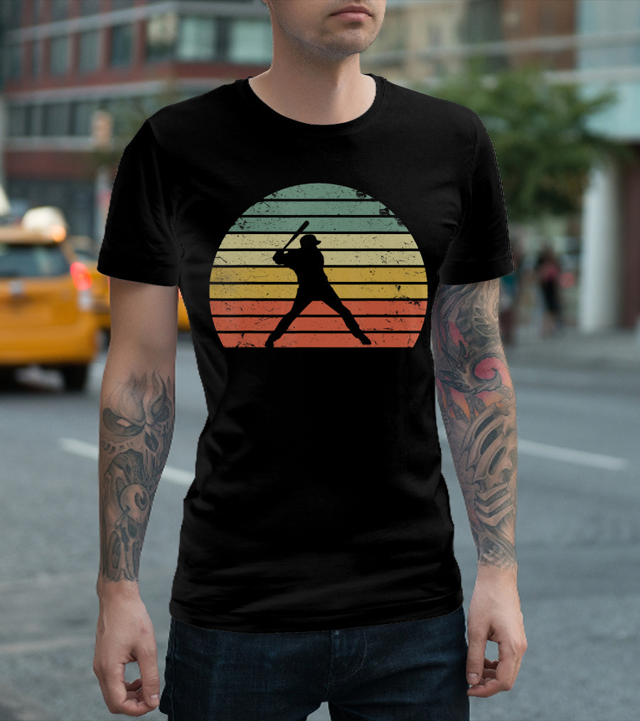 Vintage Baseball Batter Silhouette Retro Sunset Stripes T-Shirt