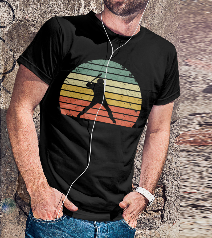Vintage Baseball Batter Silhouette Retro Sunset Stripes T-Shirt