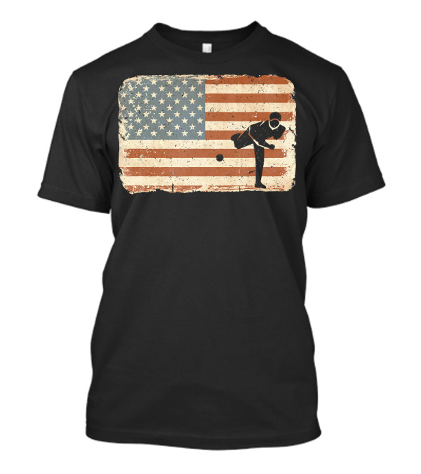 Vintage Baseball Pitcher Silhouette With American Flag Background T-Shirt