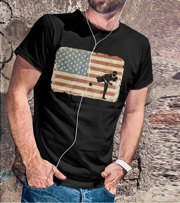 Vintage Baseball Pitcher Silhouette With American Flag Background T-Shirt