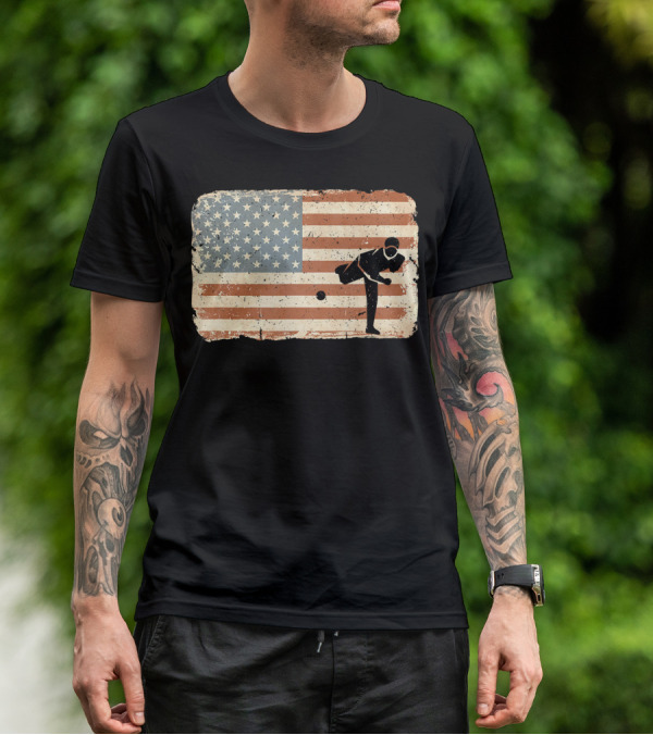 Vintage Baseball Pitcher Silhouette With American Flag Background T-Shirt