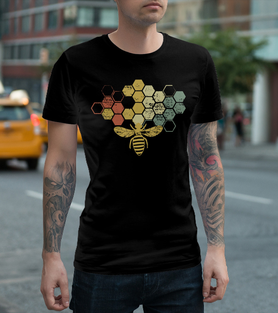 Vintage Beekeeper Honey Bee Retro Hexagonal Honeycomb T-Shirt