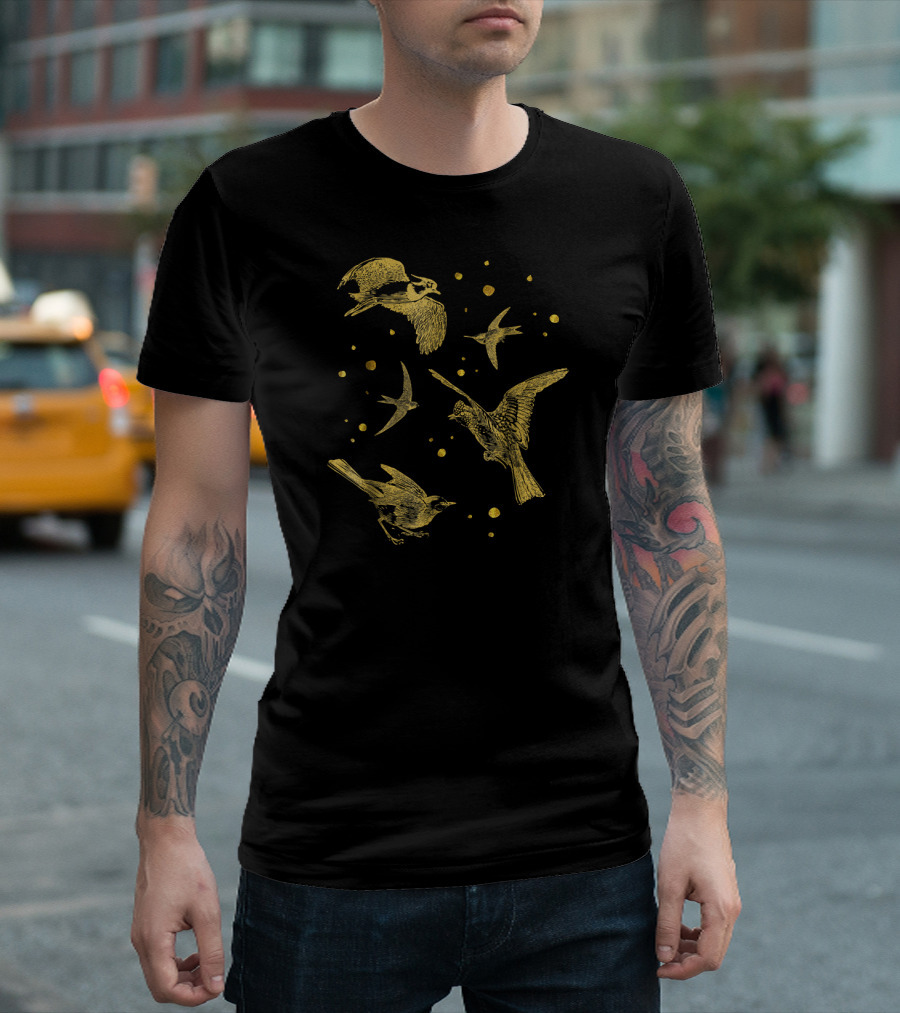 Vintage Flying Birds Humming Sparrow Gold T-Shirt