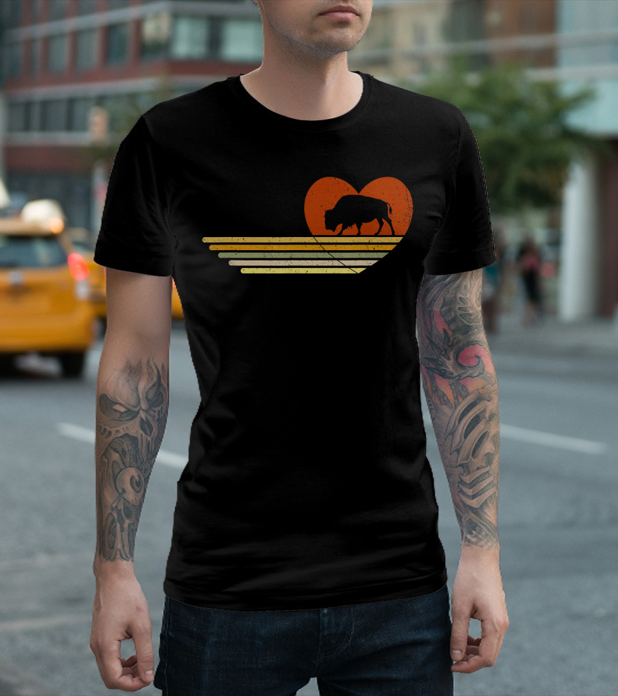 Vintage Bison Heart Retro Sunset Stripes T-Shirt