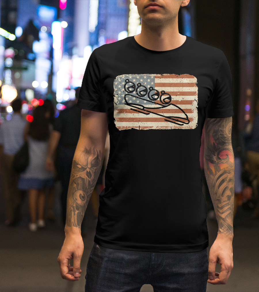 Vintage Bobsled Team On Distressed American Flag Background T-Shirt