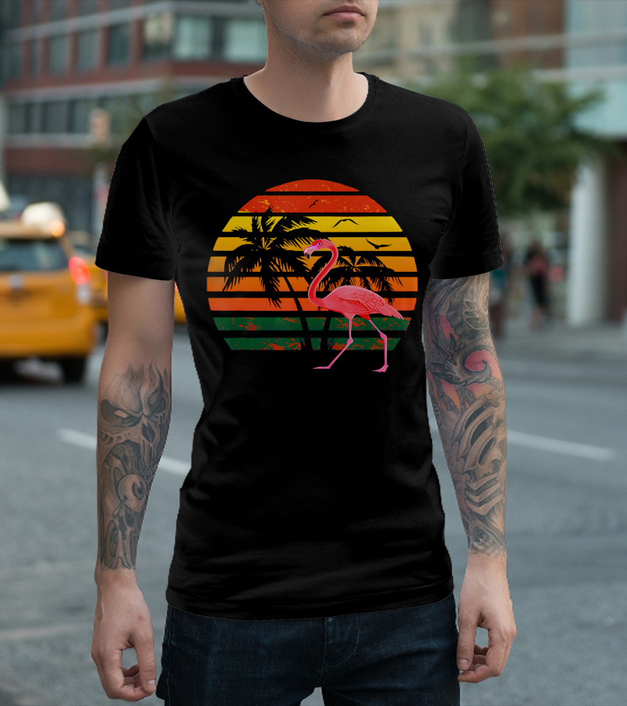 Vintage Flamingo Bird Tropical Sunset With Palm Trees And Birds T-Shirt