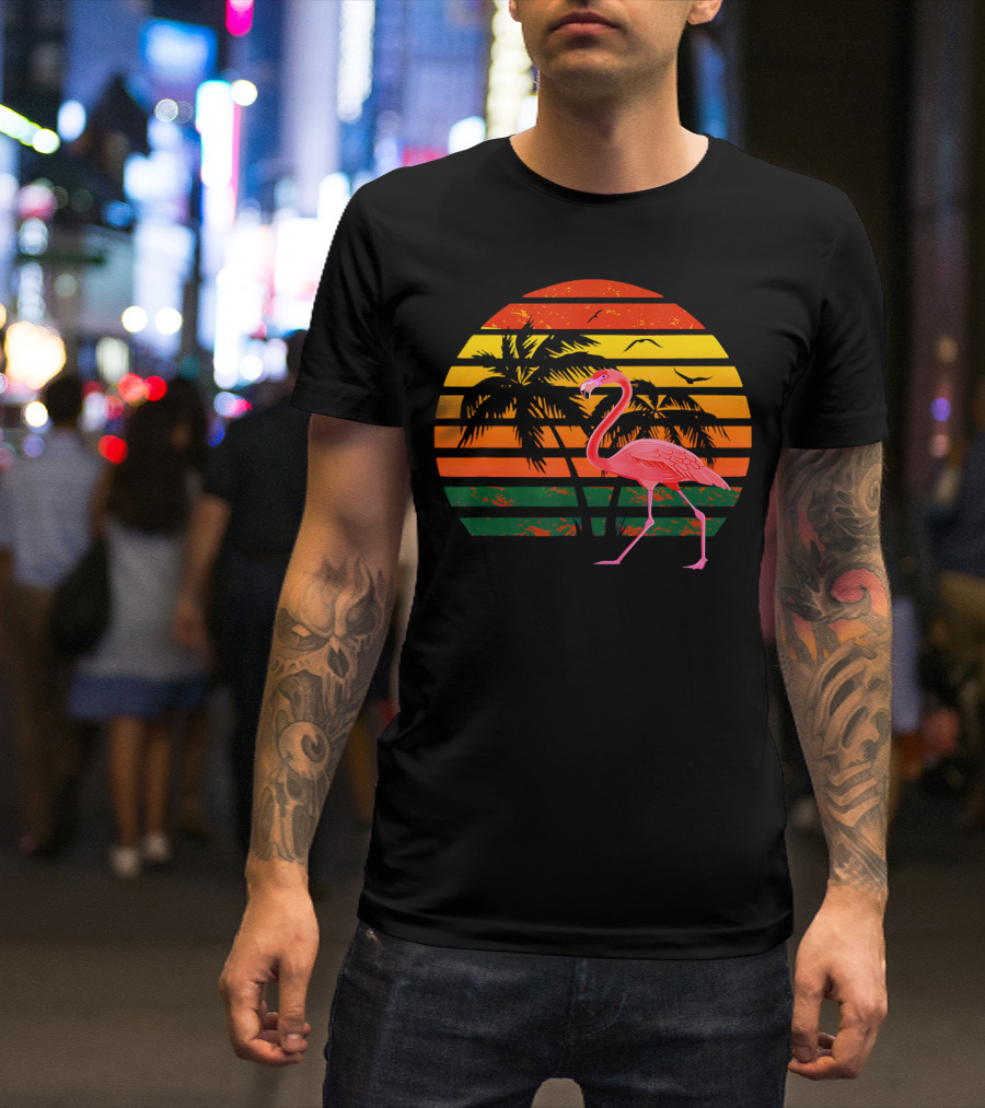 Vintage Flamingo Bird Tropical Sunset With Palm Trees And Birds T-Shirt