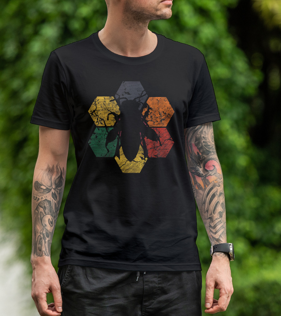 Vintage Hexagon Honey Bee Silhouette Retro Color Blocks T-Shirt