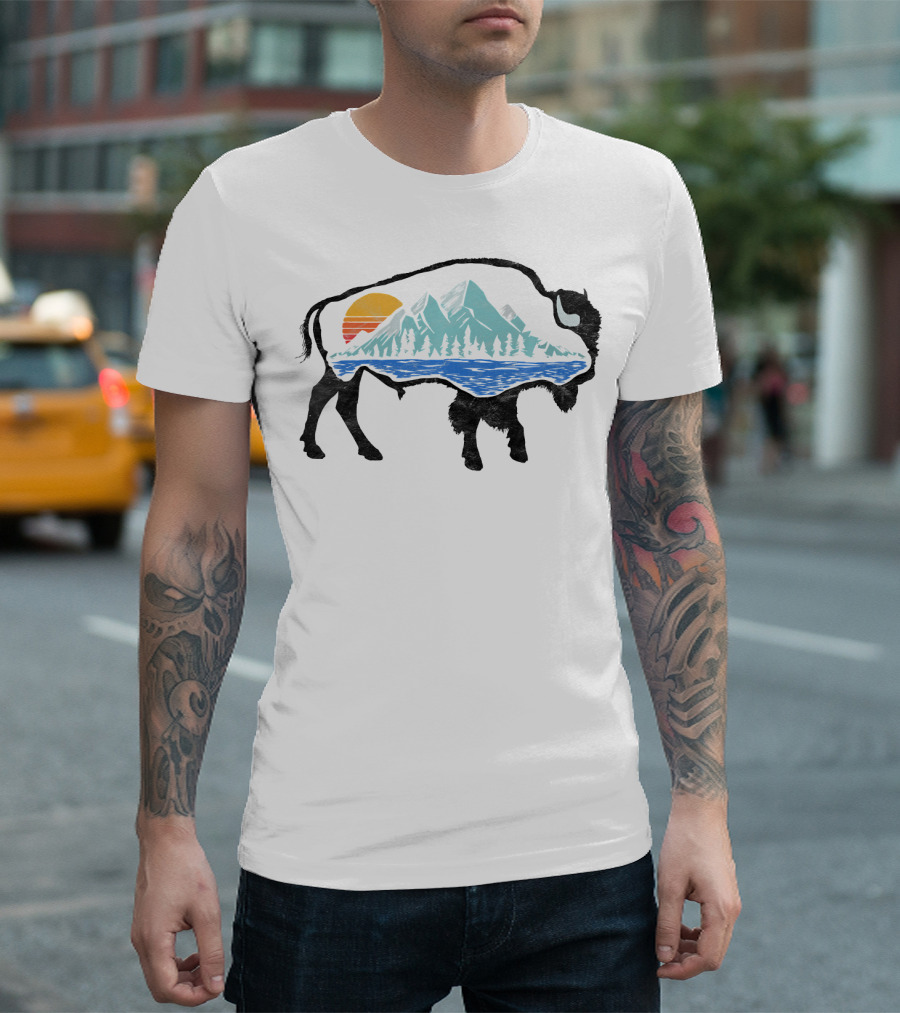 Vintage National Park Landscape Bison Mountain Sunset T-Shirt