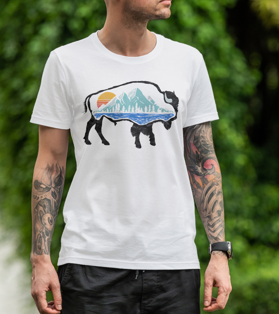 Vintage National Park Landscape Bison Mountain Sunset T-Shirt