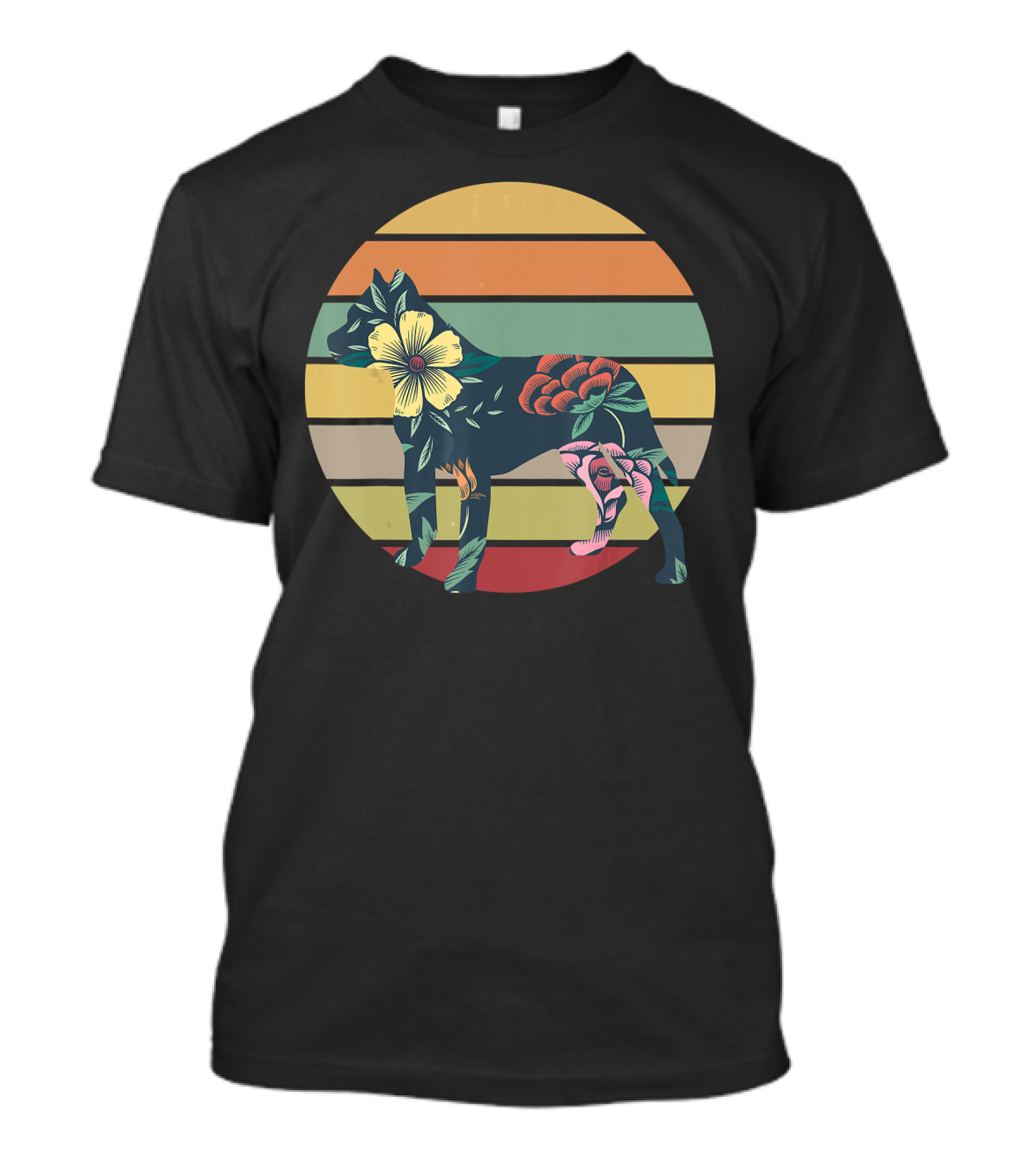 Vintage Floral Pitbull Silhouette Sunset Stripes T-Shirt