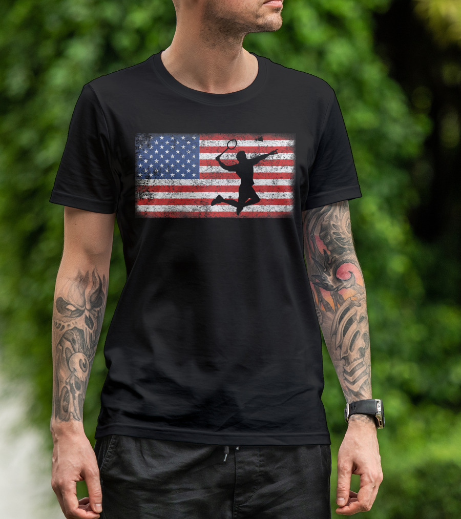Vintage American Flag Badminton Player Silhouette Jumping Over T-Shirt