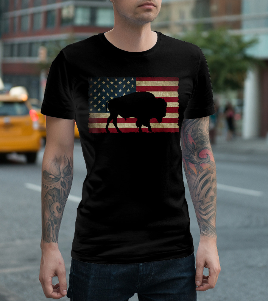 Vintage Buffalo Silhouette Over American Flag USA T-Shirt