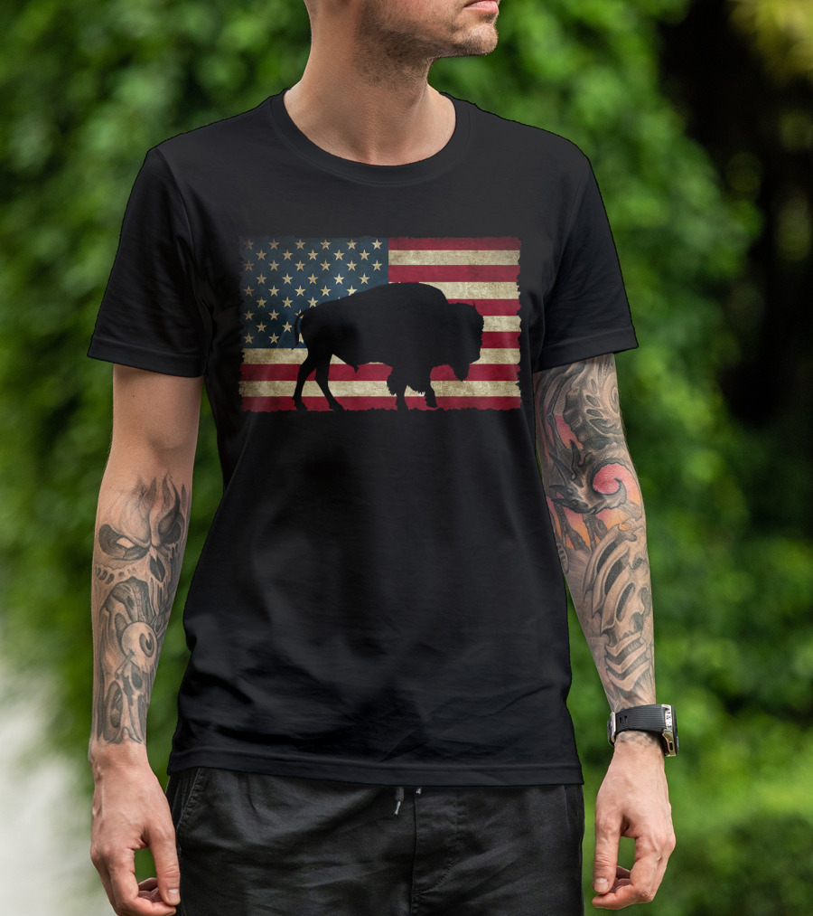 Vintage Buffalo Silhouette Over American Flag USA T-Shirt