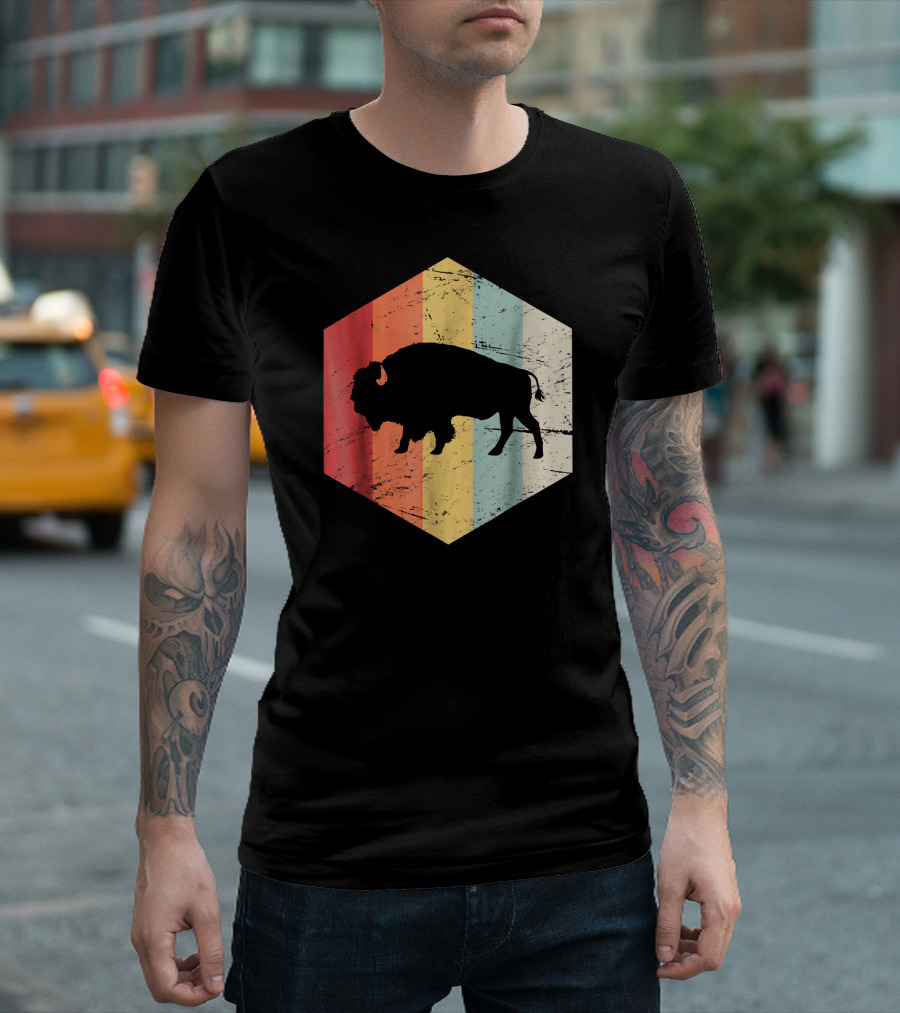 Vintage Buffalo Silhouette Retro Stripes Hexagon T-Shirt