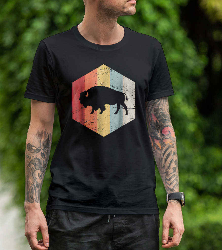Vintage Buffalo Silhouette Retro Stripes Hexagon T-Shirt