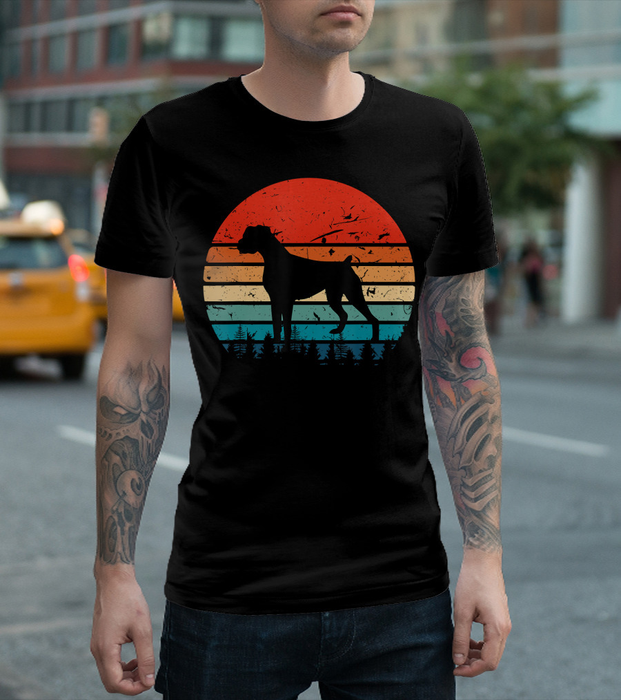 Vintage Boxer Dog Silhouette Retro Sunset Stripes Forest Scene T-Shirt