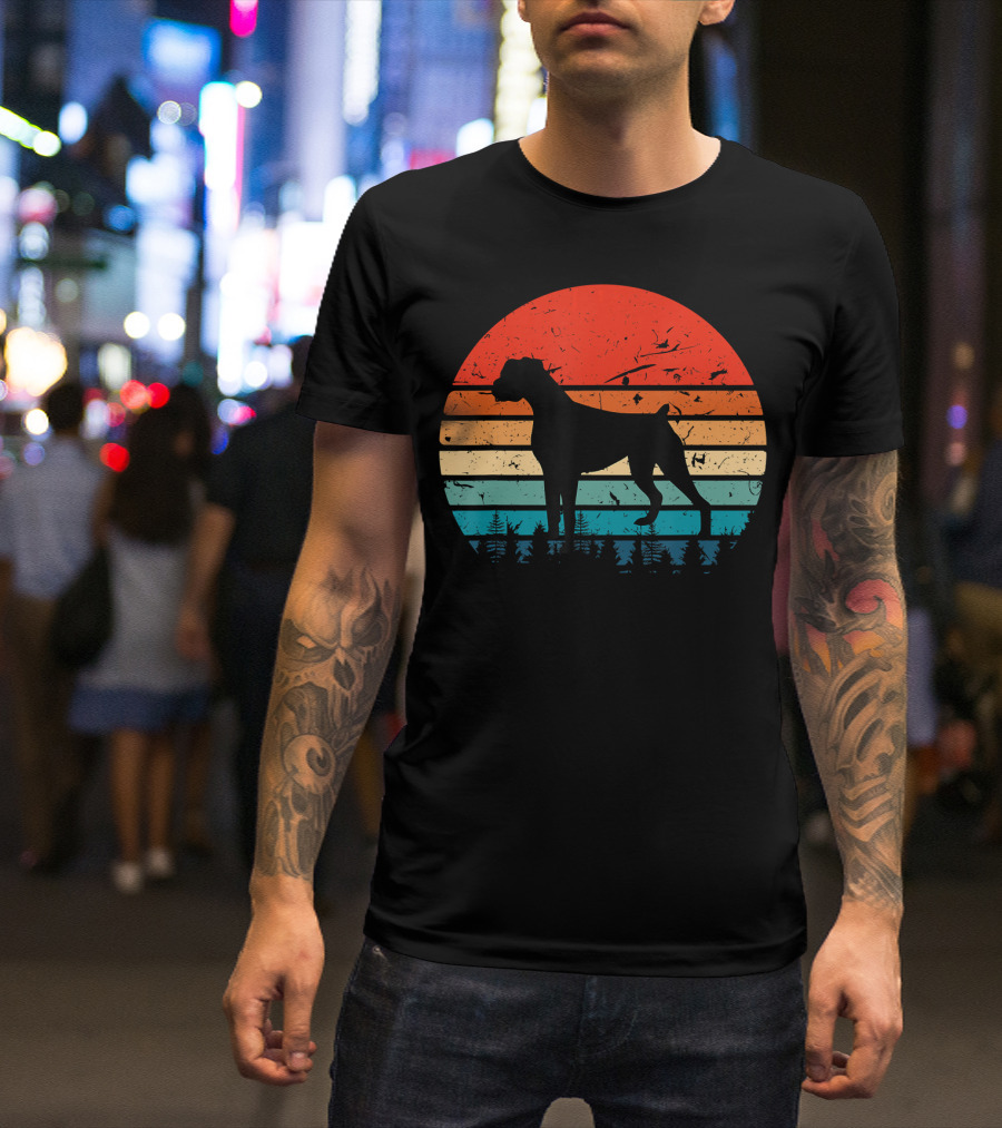 Vintage Boxer Dog Silhouette Retro Sunset Stripes Forest Scene T-Shirt
