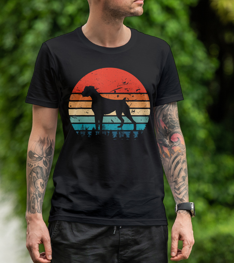 Vintage Boxer Dog Silhouette Retro Sunset Stripes Forest Scene T-Shirt