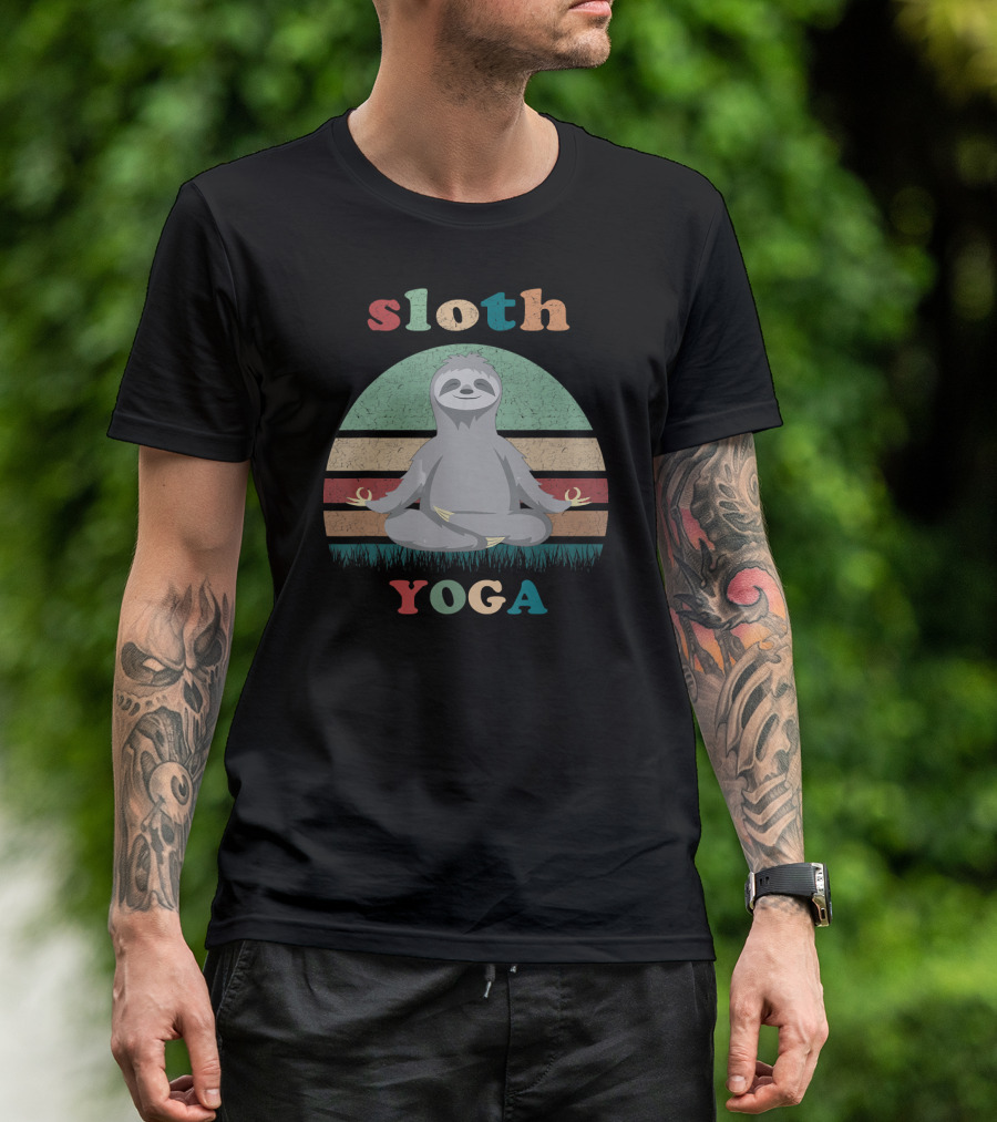 Sloth Yoga Vintage Retro Stripes Meditation Pose T-Shirt