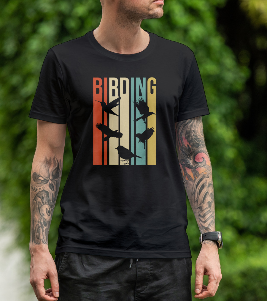 Vintage Style Birding For Birders With Bird Silhouettes On Colorful Stripes T-Shirt