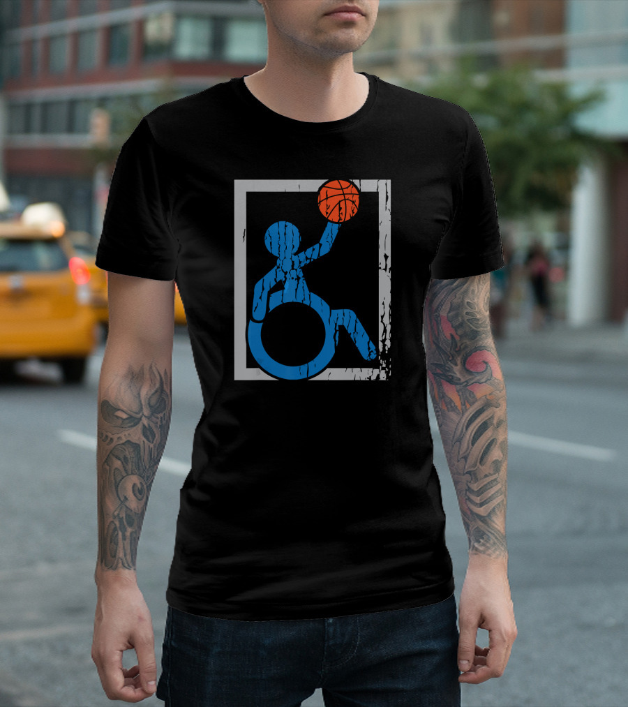 Wheelchair Basketball Icon Blue Figure with Orange Ball T-Shirt
