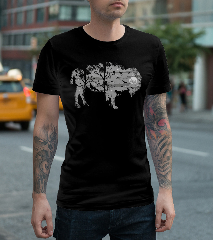 Wild Bison American Buffalo Wilderness Moonlit Forest Scene T-Shirt