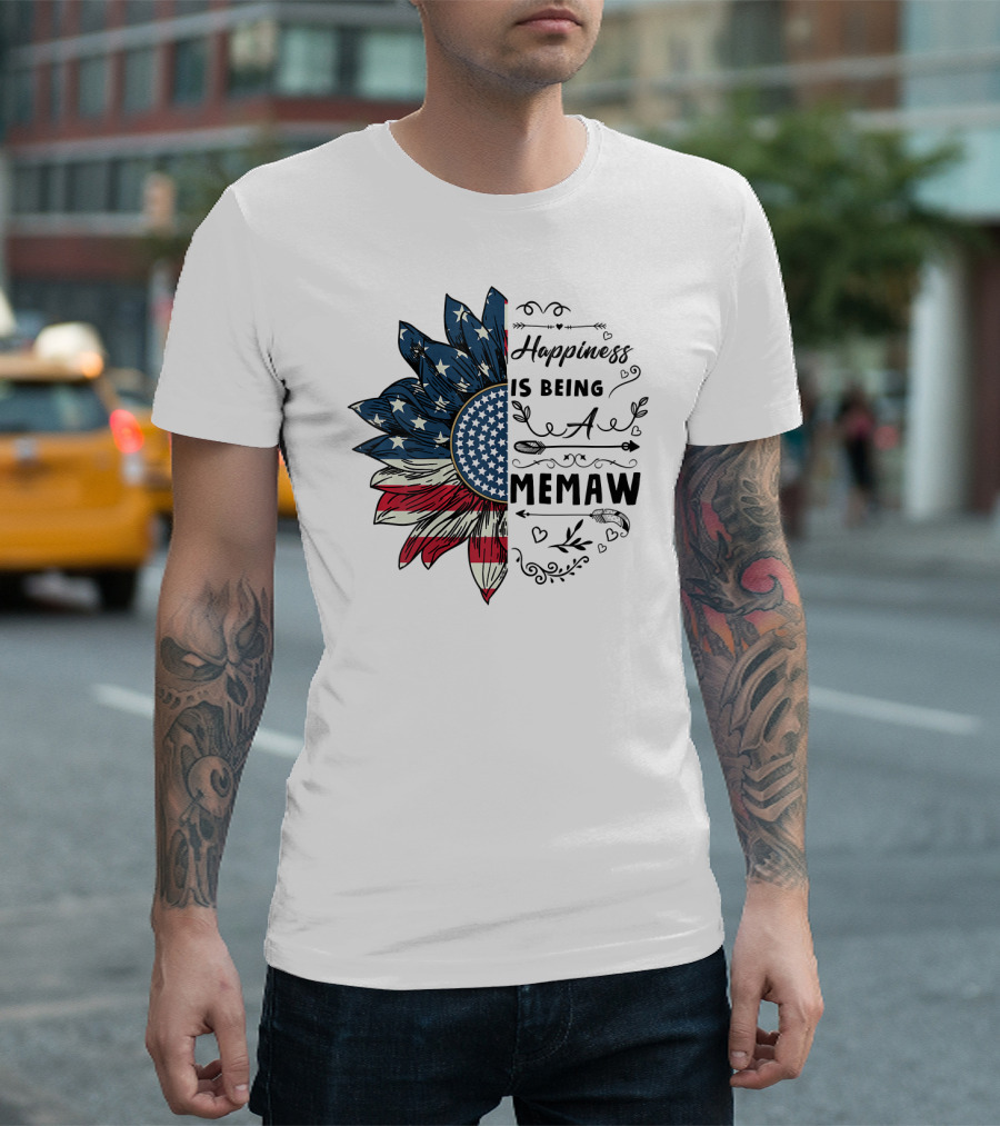 Happiness Is Being A Memaw Sunflower American Flag T-Shirt