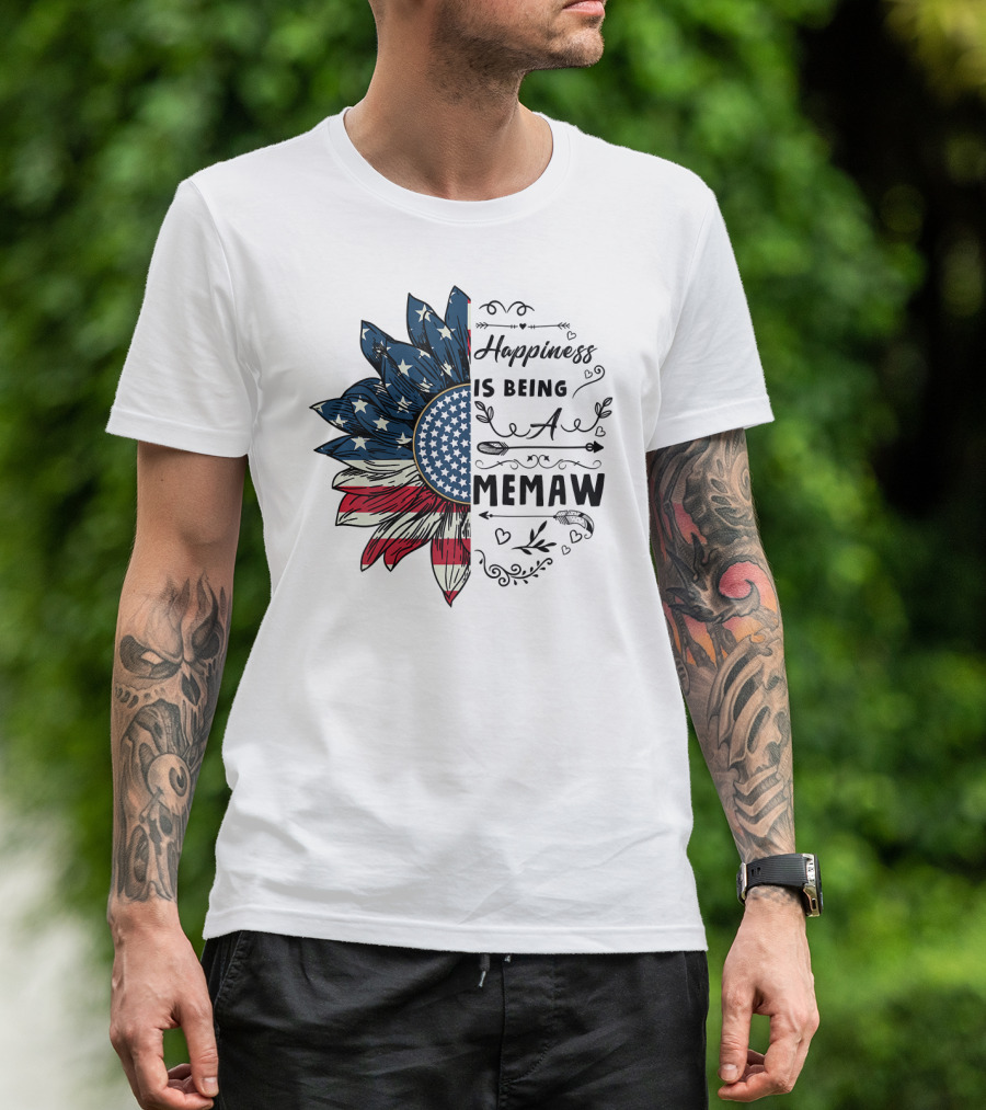 Happiness Is Being A Memaw Sunflower American Flag T-Shirt