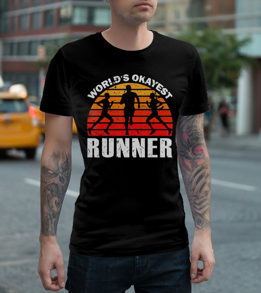 World's Okayest Runner Sunset Silhouette Sprinting Marathon T-Shirt