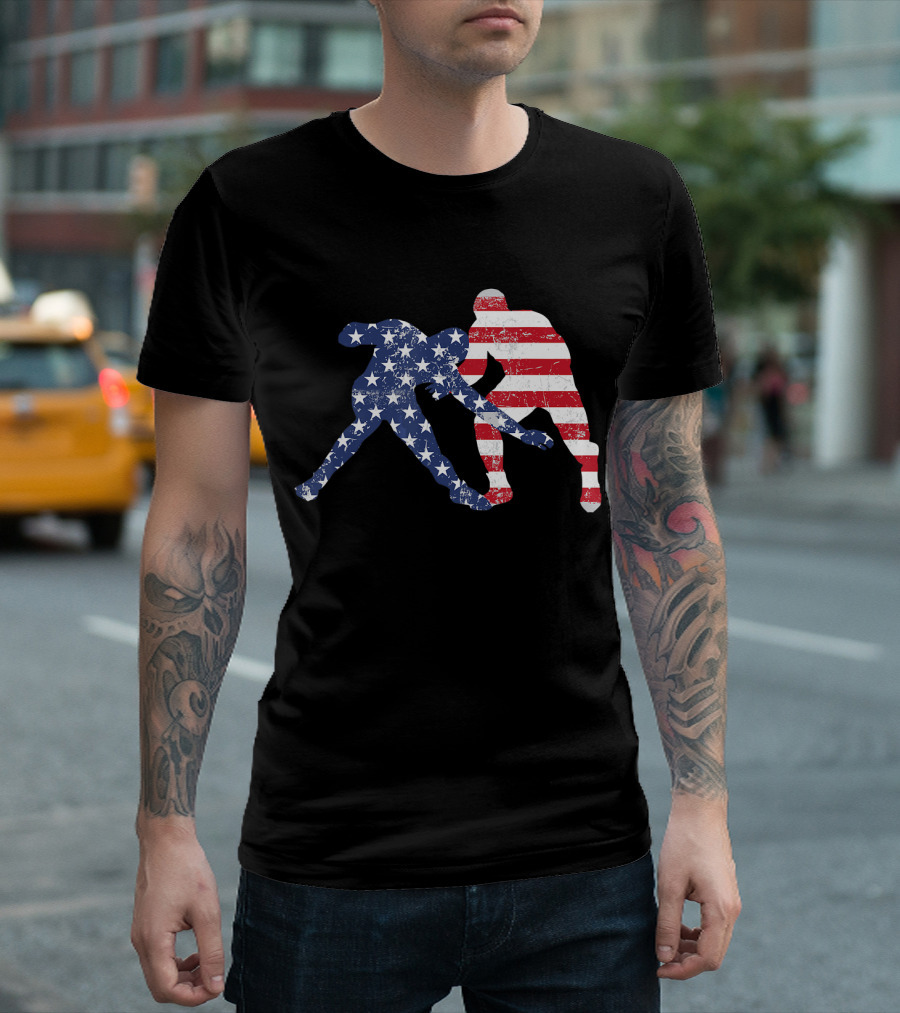 Wrestling Dual Silhouette with US Flag Stars and Stripes for Fourth of July T-Shirt