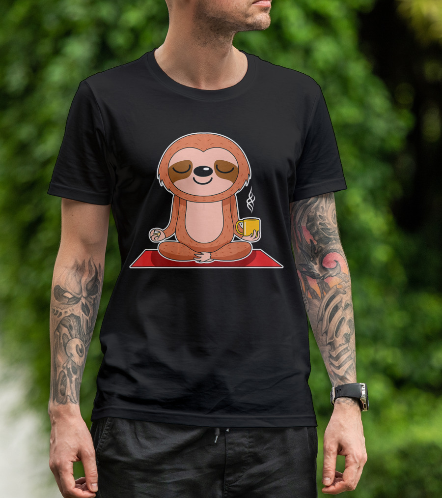 Yoga Sloth Funny Workout Fitness Casual Relaxing Meditation With Coffee T-Shirt