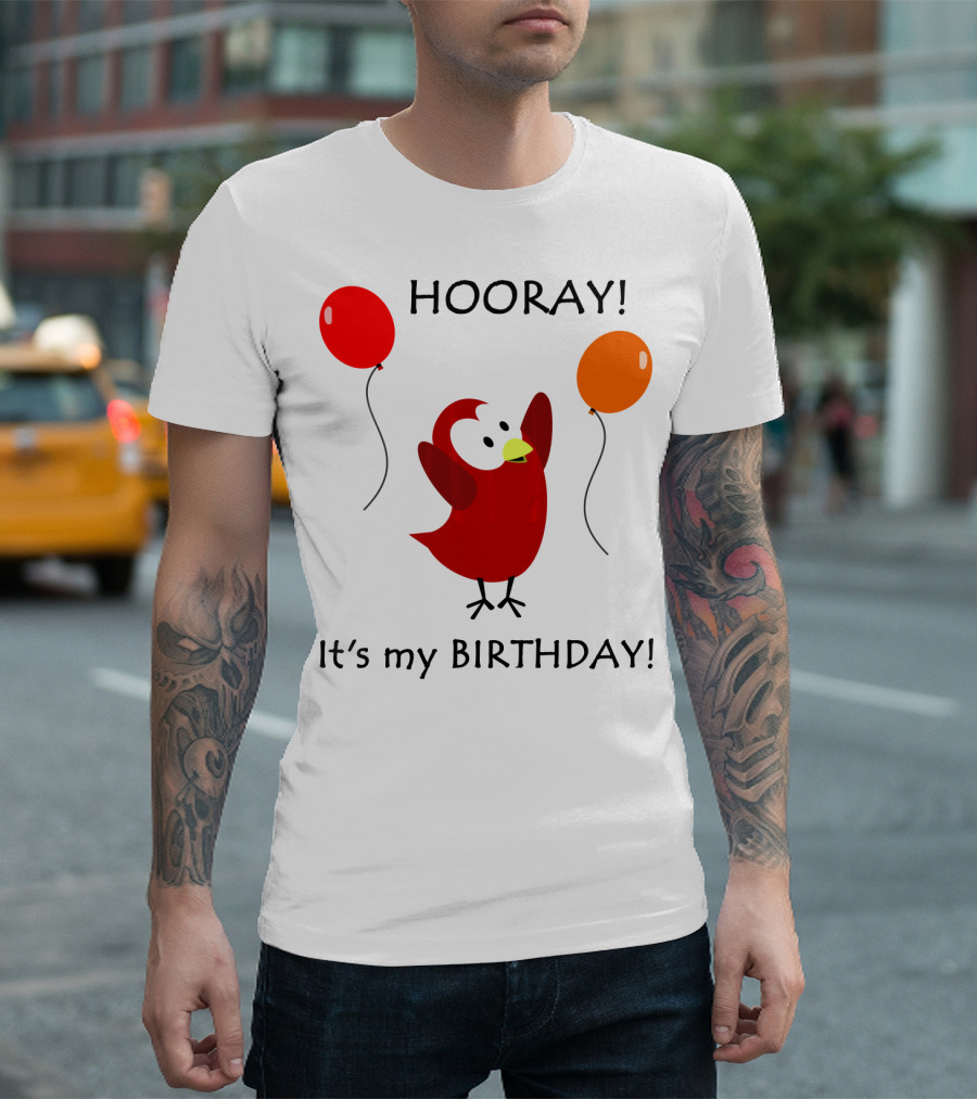 Hooray It's My Birthday Sammy Bird with Red and Orange Balloons T-Shirt