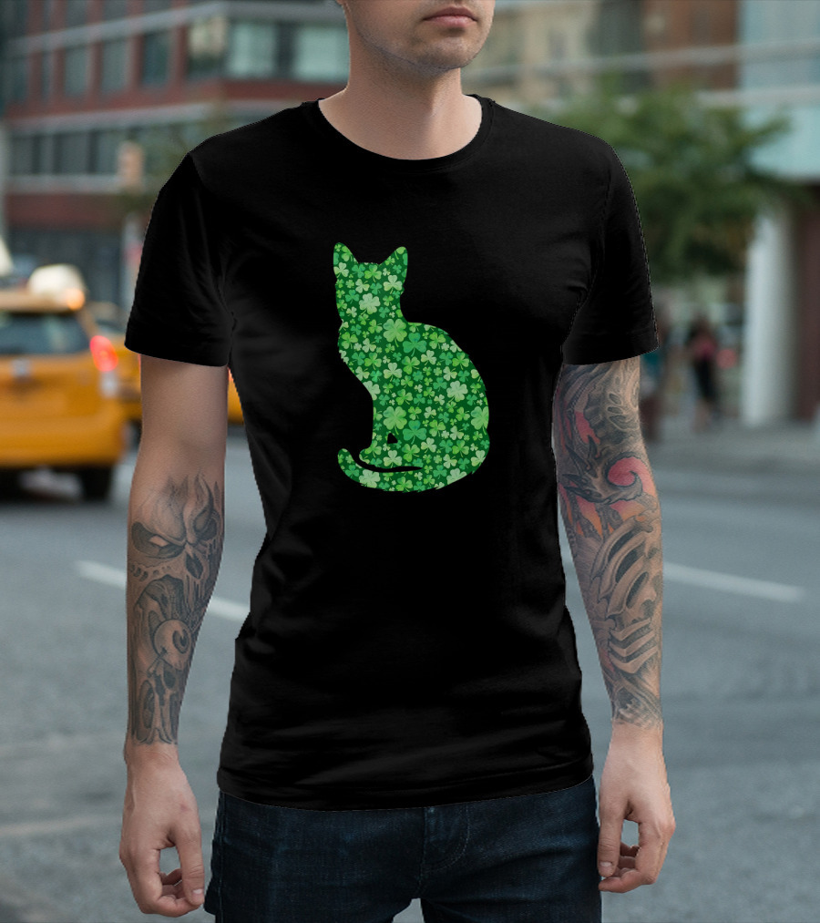 Shamrock Cat St Patrick's Day Irish Green Clover T-Shirt
