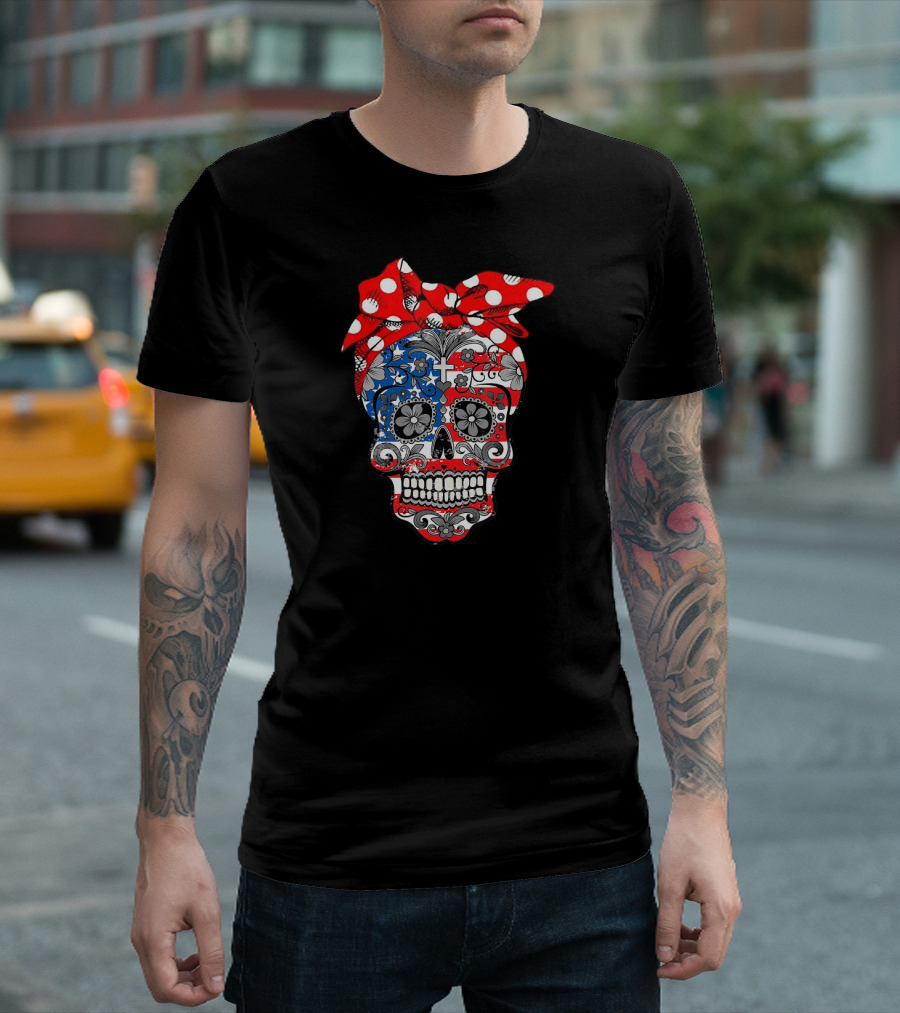 Sugar Skull Patriotic Polka Dot Bow 4th Of July T-Shirt