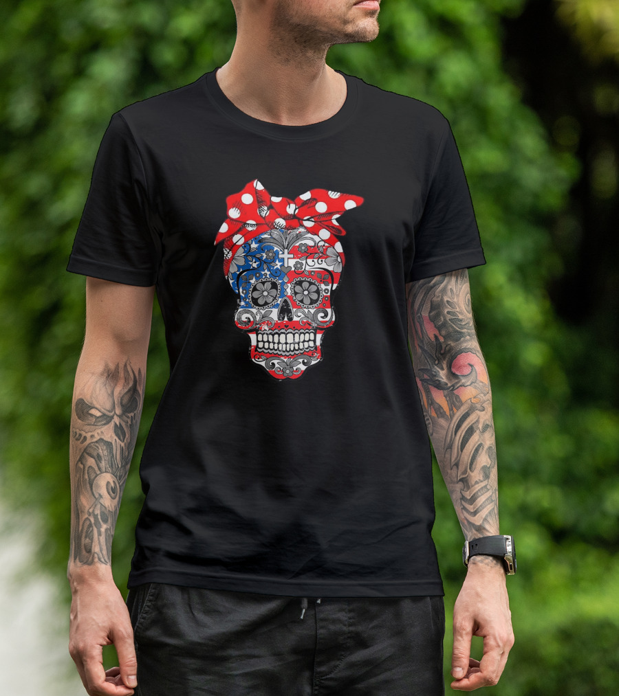 Sugar Skull Patriotic Polka Dot Bow 4th Of July T-Shirt