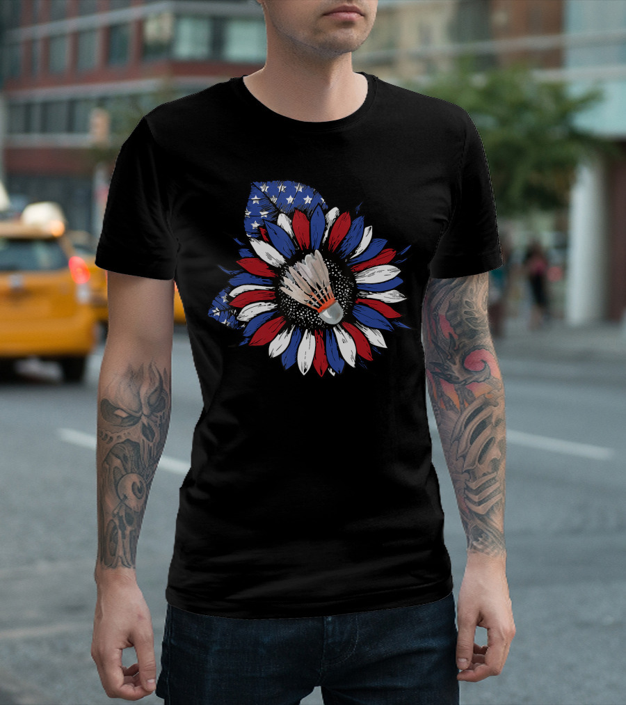 American Flag Sunflower With Badminton Birdie Center T-Shirt