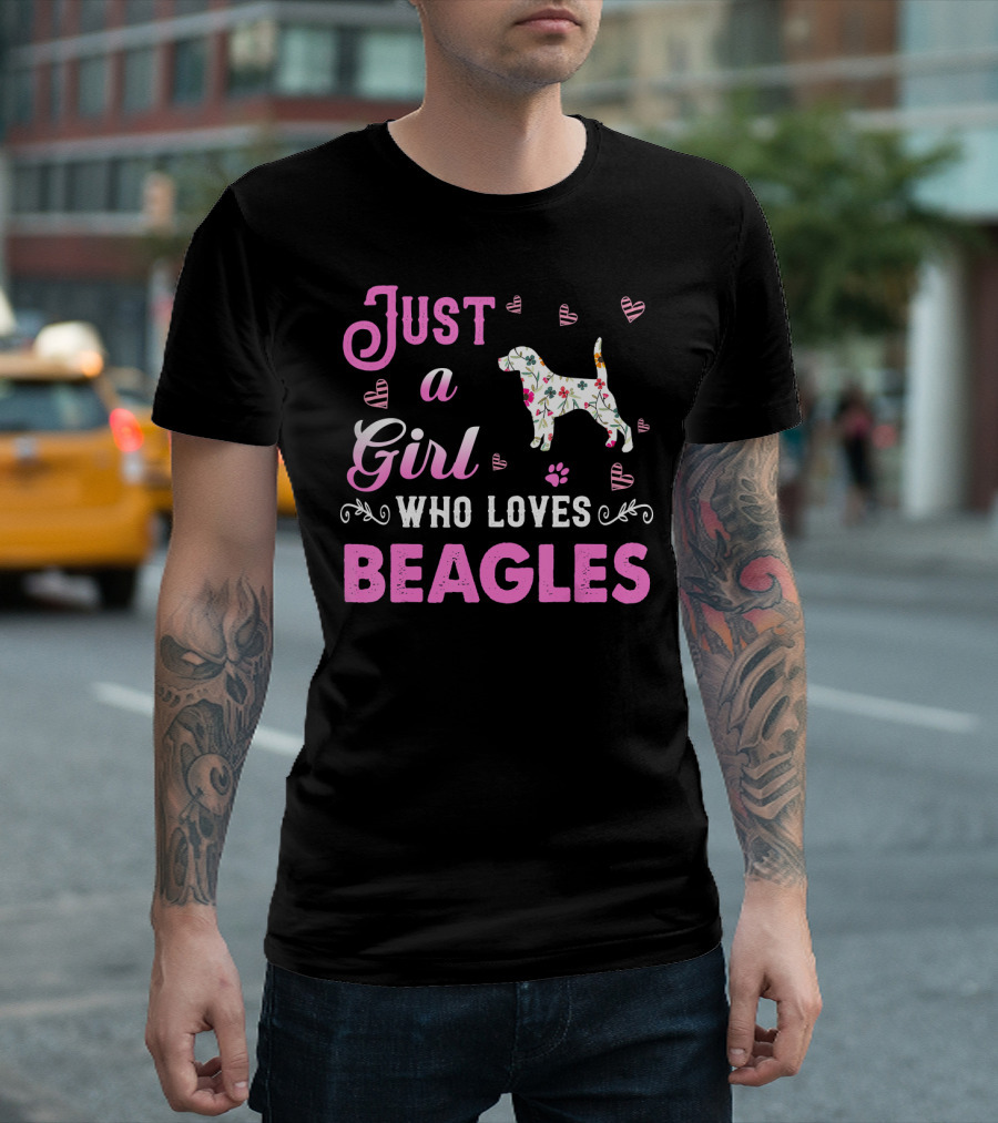 Just A Girl Who Loves Beagles With Floral Dog And Pink Hearts T-Shirt