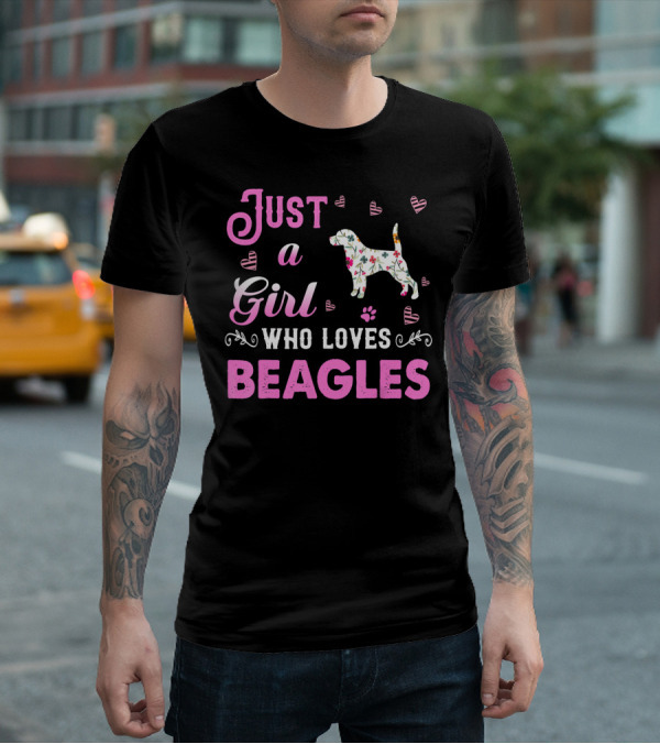 Just A Girl Who Loves Beagles With Floral Dog And Pink Hearts T-Shirt