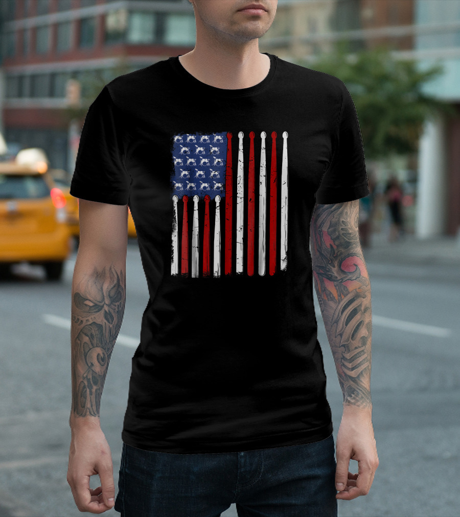 American Flag Made of Drumsticks Vintage Drummer T-Shirt